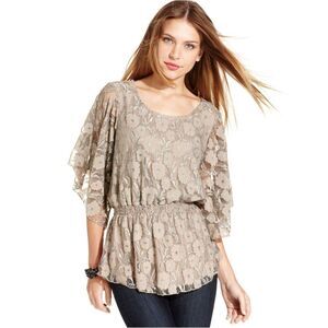 New! STYLE & CO Metallic Floral Stretch Lace Petite Top Blouse Smocked Waist